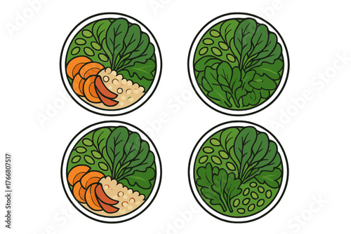 Healthy food bowls with fresh leafy greens, grains, and colorful vegetable slices