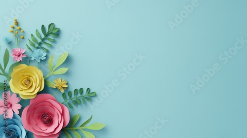 Vibrant Paper Flowers with Green Leaves on Colorful Background and Copy Space