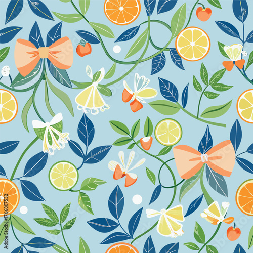 Seamless pattern of citrus fruits, green leaves, and decorative bows on a light blue background.