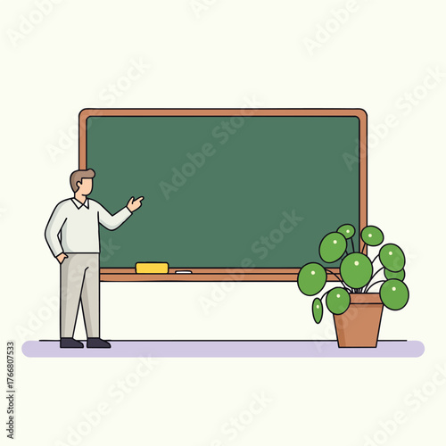 Male teacher character illustration pointing at a blank green chalkboard for a lesson or presentation.