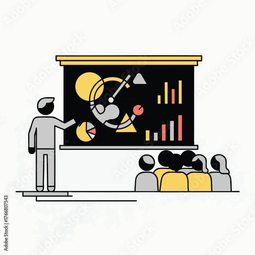Minimalist vector illustration of a speaker presenting data charts and graphs to an audience during a meeting.