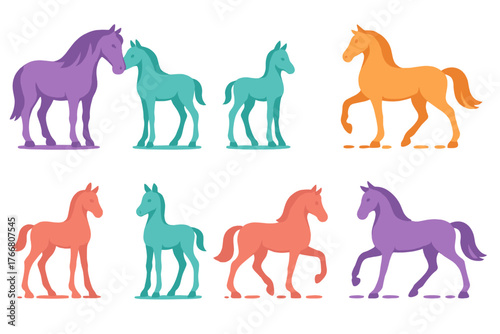 Collection of colorful stylized horses and foals standing and trotting in various poses