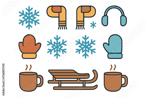Flat design set of winter items: snowflakes, warm apparel, hot beverages, and a wooden sled