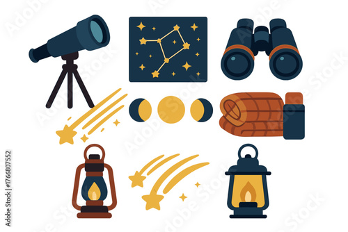 Collection of equipment for stargazing and outdoor camping: telescope, binoculars, and lanterns