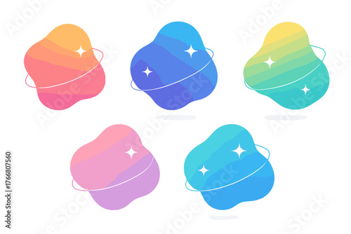 Abstract liquid gradient shapes with orbital rings and sparkles for modern graphic design