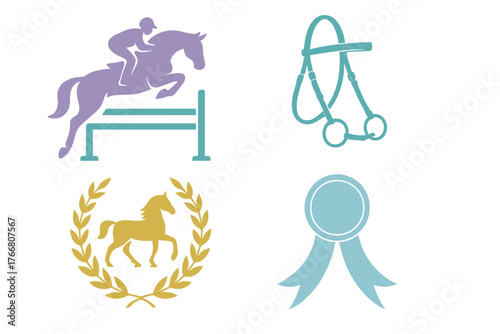 Set of equestrian sport symbols including horse jumping, riding gear, laurel wreath, and award