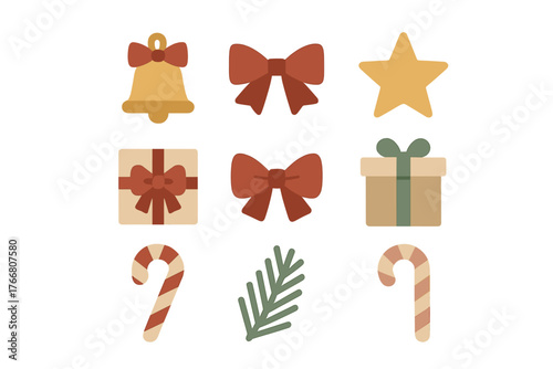 Festive Christmas and winter holiday icons set featuring gifts bows bell star and candy canes