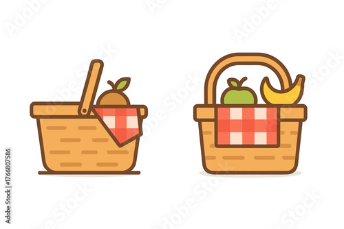 Two picnic baskets filled with fresh fruit and checkered tablecloths for an outdoor meal