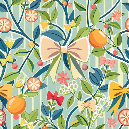 Seamless pattern of citrus fruits, green leaves, and decorative bows on a light blue background.