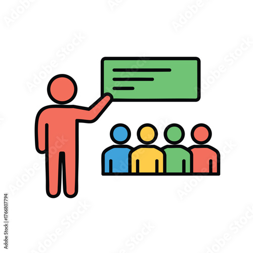 Red stick figure presenter teaching a group of colorful students with a green board.