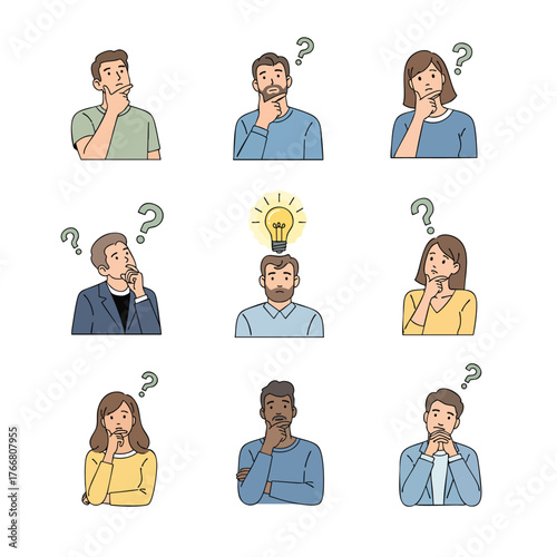 Set of diverse illustrated people thinking questioning and having a bright idea with a lightbulb.