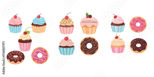 Colorful cupcakes and donuts assortment with various toppings vector illustration