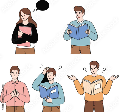 Set of illustrated people with books expressing emotions like confusion thoughtfulness and surprise.