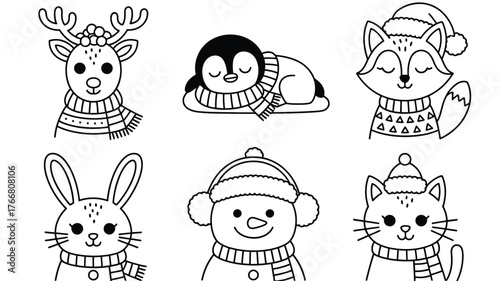 Cute Cartoon Winter Animals Collection Reindeer, Penguin, Fox, Rabbit, Snowman, and Cat Outlines