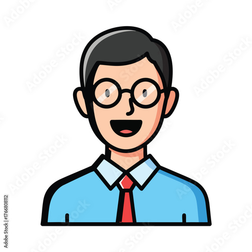 Smiling cartoon businessman icon with black hair and round glasses wearing a blue shirt and red tie.
