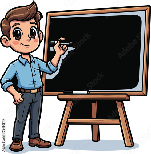 Smiling cartoon teacher or student character standing with chalk next to a blank blackboard on a wooden easel.
