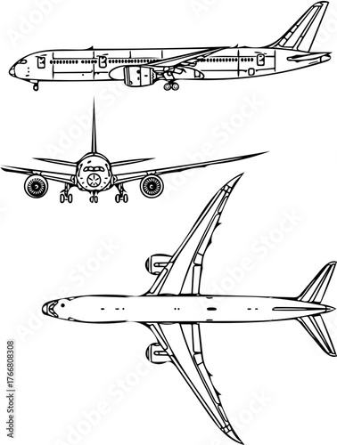 Detailed technical drawings of a modern passenger aircraft from front, side, and top views