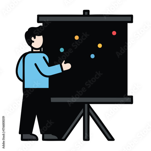 Stylized icon of a man presenting data points on a black projector screen on a tripod.