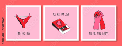 Hand drawn trendy greeting cards set of Valentines Day and Love with typography. Vintage design with romantic elements and stickers. Minimal doodle concept for print, banner, invitation, poster, flyer