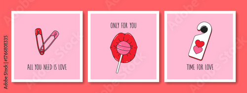 Hand drawn vintage greeting cards set of Valentines Day and Love with typography. Trendy design with romantic elements and stickers. Minimal doodle concept for print, banner, invitation, poster, flyer