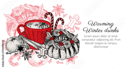 Vector illustration of spiced tea latte with Christmas cupcake and gingerbread in engraving style. Banner with festive New Year's drink