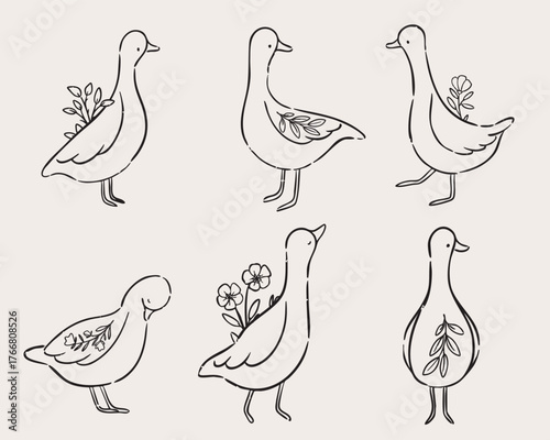 Cute line art geese with floral decorations perfect for nursery design and minimal wall prints.