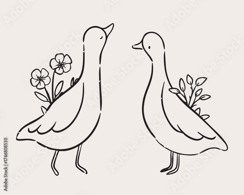 Cute line art goose with floral details. Minimal hand drawn illustration for nursery and decor.