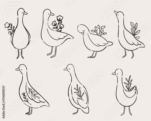 Adorable geese with flowers minimal line art perfect for kids posters and cards