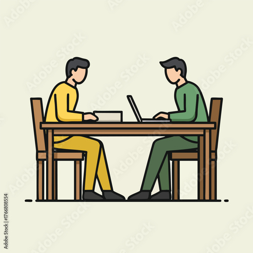 Two male colleagues collaborating at a wooden table with a laptop and a document in a minimalist illustration style.