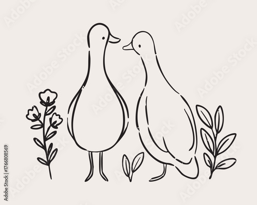 Pair of geese and floral branch line art. Cute minimal illustration for nursery wall decor.