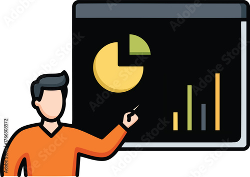 Vector illustration of a man in an orange shirt giving a presentation with a pie chart and bar graph.