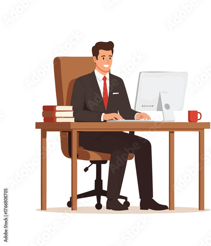 Young businessman in a formal suit and red tie working on a computer at his office desk.