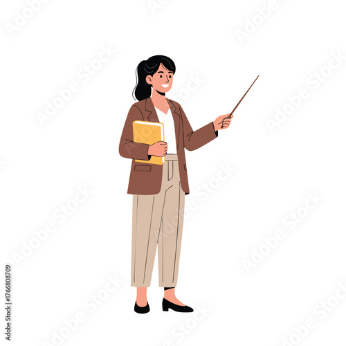 Young female teacher or presenter in a brown blazer holding a pointer stick and a folder giving a lesson.