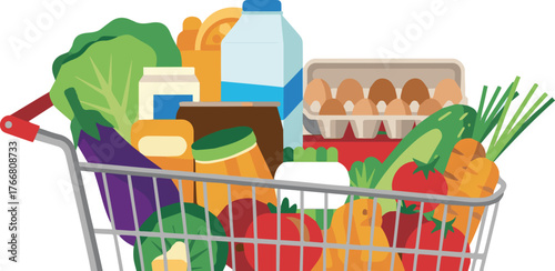 Isolated a kinds of deferent Grocery products in supermarket cart. Vegetables, eggs, milk and other grocery processed and fresh food. Healthy eating concept vector art with white background.