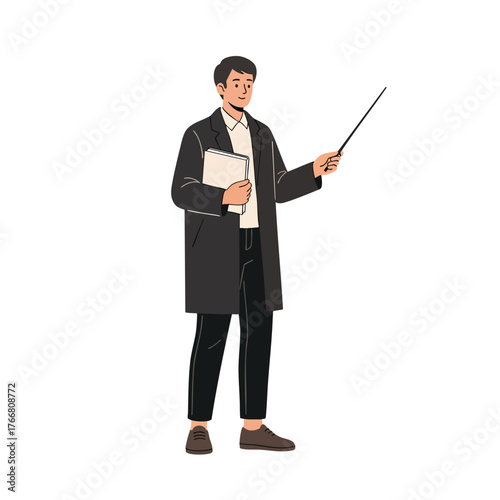 Young male professor in a dark coat holding a book and a pointer stick for a presentation.