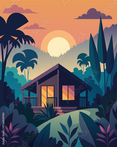 As the evening sun sets behind the thick foliage the bungalow transforms into a magical retreat allowing the digital nomad to disconnect from the world and connect with nature.. Vector illustration