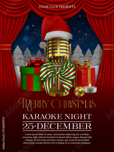 christmas karaoke poster with gold vintage mic and red curtan on winter landscape. christmas karaoke background with gift boxes, santa claus hat and gold mic with bow