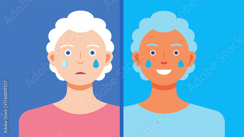 A beforeandafter illustration of an older adults skin with the first image showing dry and wrinkled skin and the second image showing plump and hydrated skin after drinking water.. Vector illustration