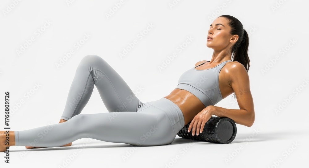 Fototapeta premium Woman uses foam roller for muscle recovery and relaxation after exercise