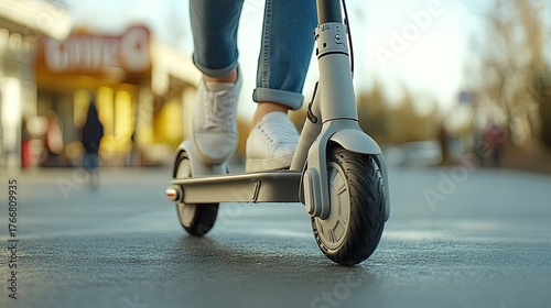 A vibrant urban moment featuring a silver electric scooter cruising along a bustling sidewalk near a shopping center on a sunny day