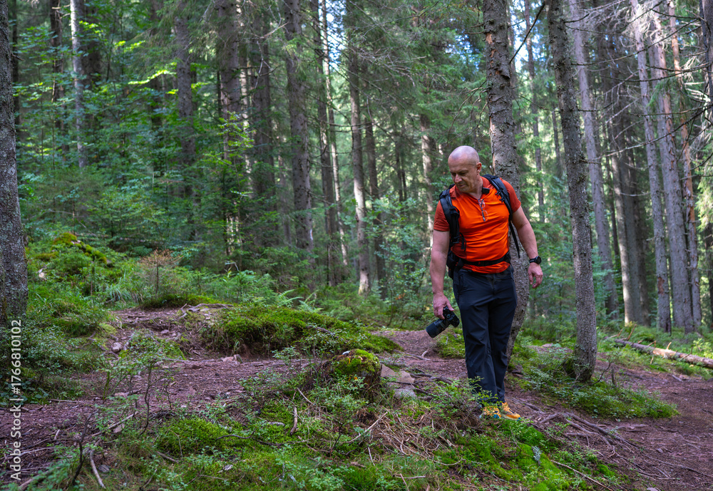 Fototapeta premium Photographer hiking in Apuseni forest