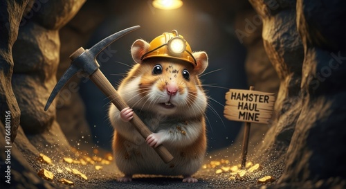 A humorous depiction of a hamster miner working hard in the hamster haul mine with a pickaxe