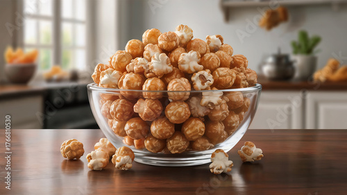 A large overflowing glass bowl filled with delicious caramel popcorn sits on a wooden table in a cozy kitchen setting perfect for movie nights or snacks