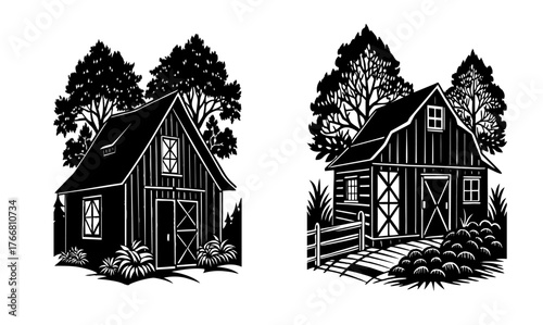Barn Farm Rural Countryside Building Silhouettes, Agriculture Farming
