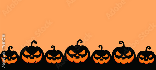 halloween card featuring row jack-o-lanterns against orange background