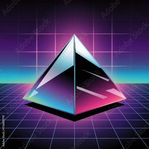 Futuristic chrome pyramid geometric shape with grid and neon glow retro synthwave ambiance