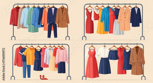 Cartoon Clothes Rack Set – Fashion & Sale Concept Flat Design Vector