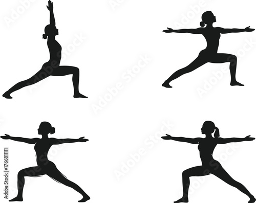 Warrior yoga poses, Virabhadrasana variations silhouettes, fitness flexibility balance, meditation exercise practice, healthy lifestyle activity, flat vector