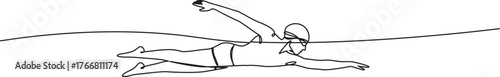continuous single line drawing of freestyle swimmer in water, line art vector illustration
