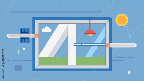 A motorized window system that opens and closes based on the time of day adjusting for temperature changes and optimizing light exposure.. Vector illustration
